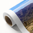 Art deco poster of an Argentine landscape with muted earth tones on rolled canvas.