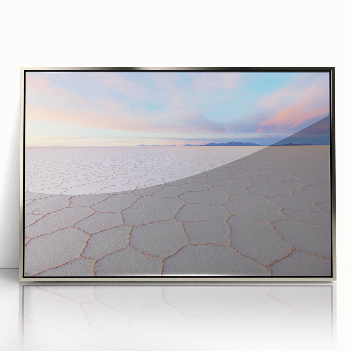 Mid-century modernist art depicting a Bolivian landscape in muted earth tones on a silver-framed acrylic.