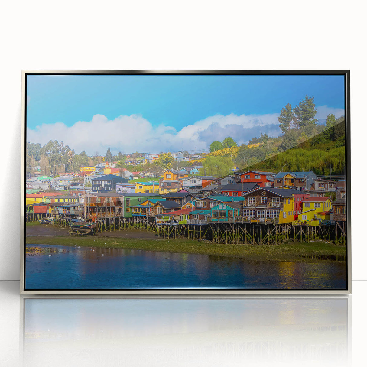 Mid-century modernist art of Santiago skyline in muted earth tones on a silver-framed acrylic print.