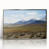 Mid-century modernist art of a Chilean landscape in muted earth tones on a silver-framed acrylic print.