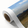 Art Deco poster of a Chilean landscape in muted earth tones on rolled canvas.