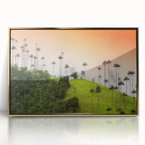 Large art print of a mid-century modernist Colombian landscape in muted earth tones on framed acrylic.