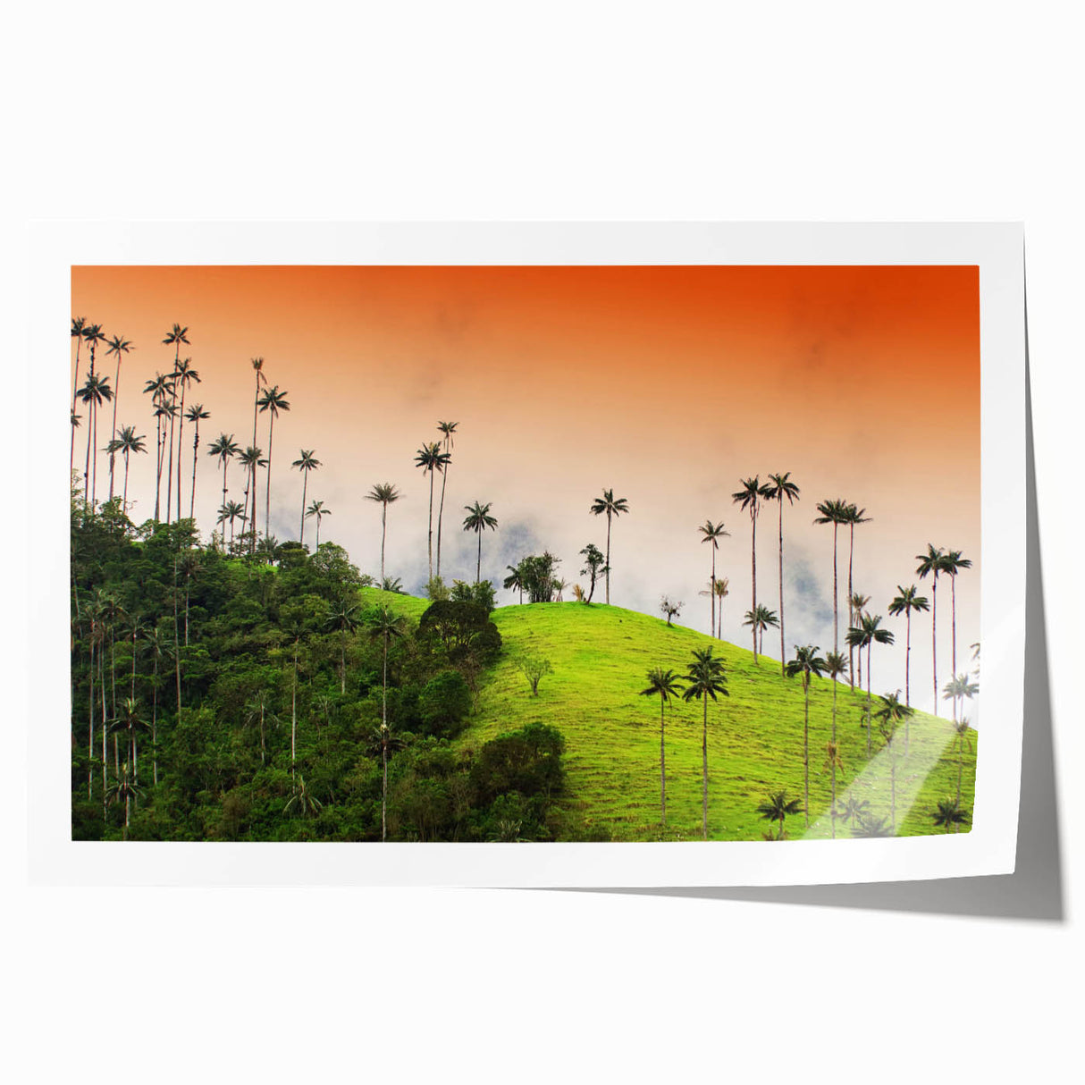 Rolled print of a Colombian landscape with vibrant green and earth tones, ideal for art wall dining room.