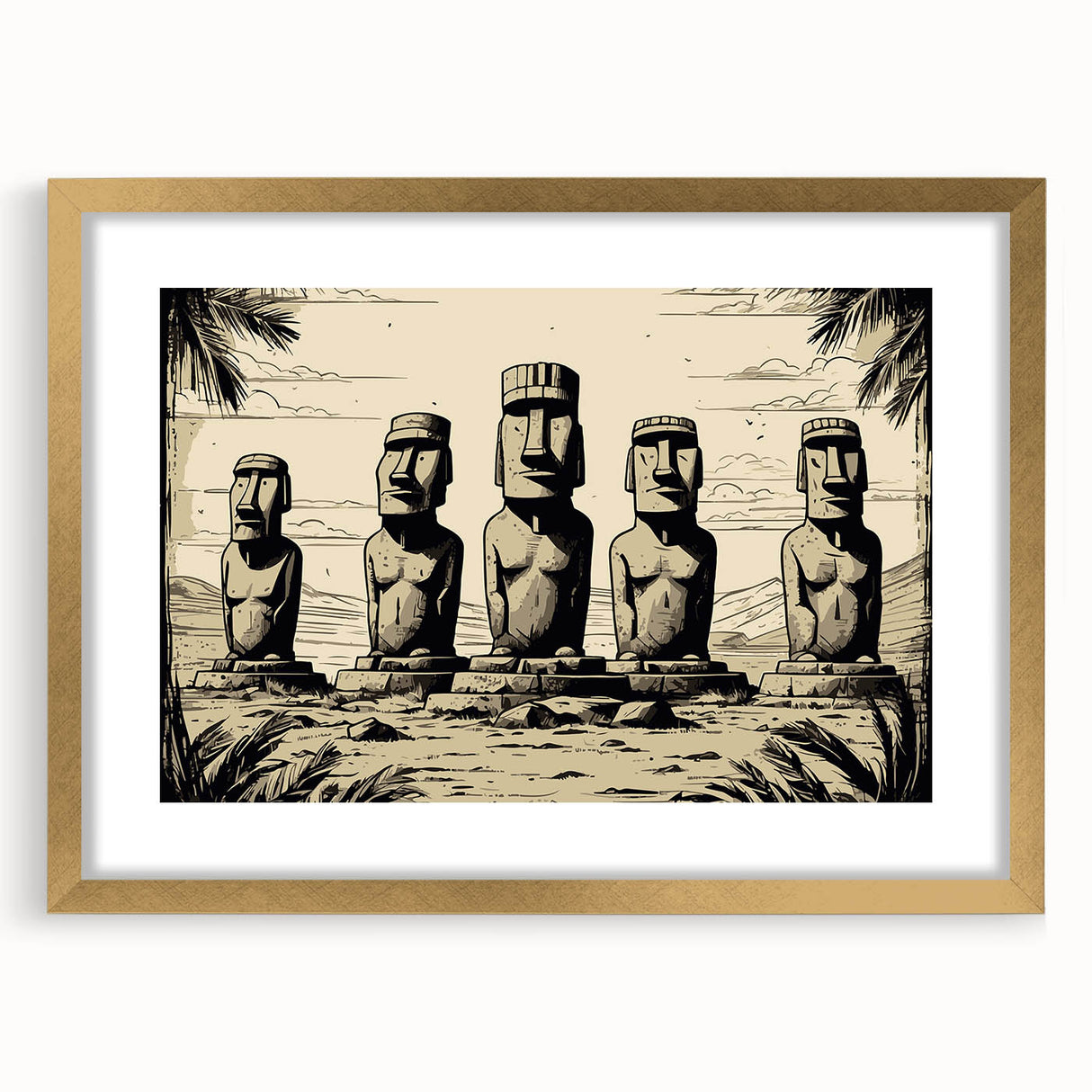 Extra large wall art of Easter Island statues in muted earth tones on a textured canvas, ideal for living room decor.