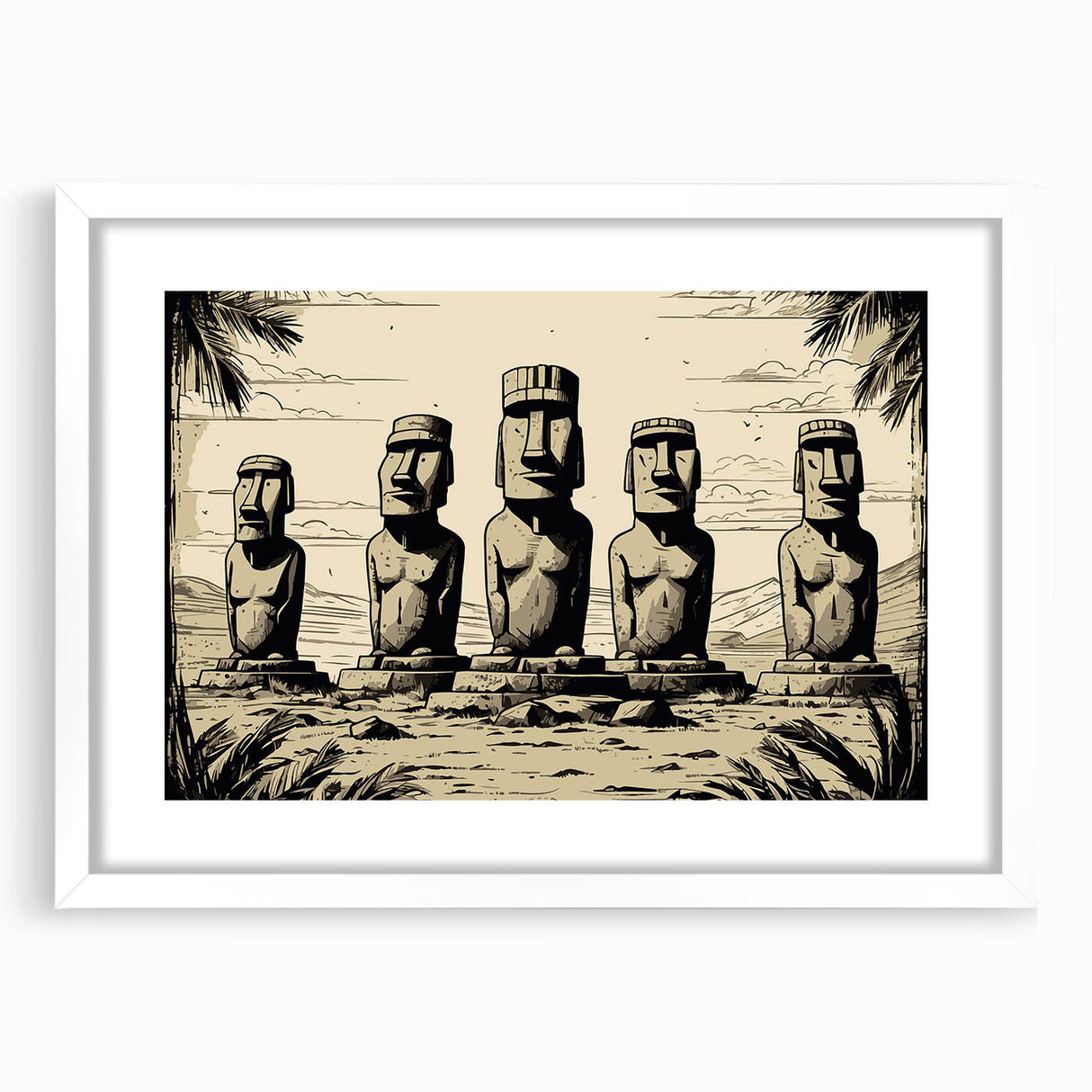Abstract art print of Easter Island statues in muted earth tones on a framed white mat.