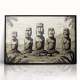 Large abstract wall art featuring Easter Island statues in muted earth tones, framed in black acrylic.