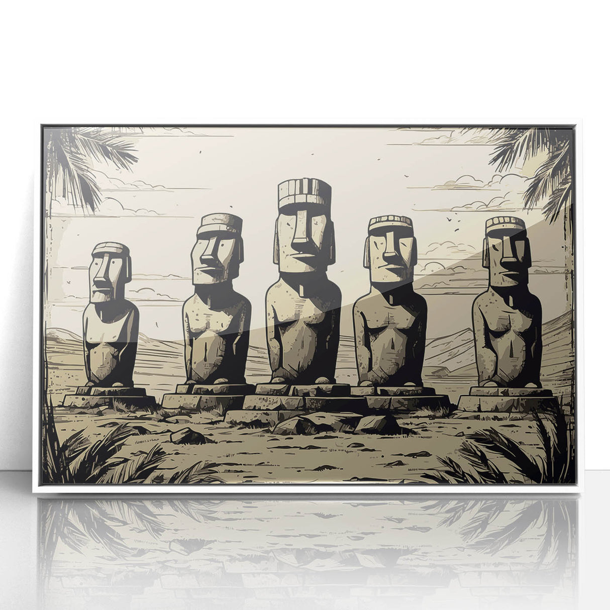 Art deco poster of Easter Island statues in muted gray, ideal for modern nursery wall decor, acrylic framed.