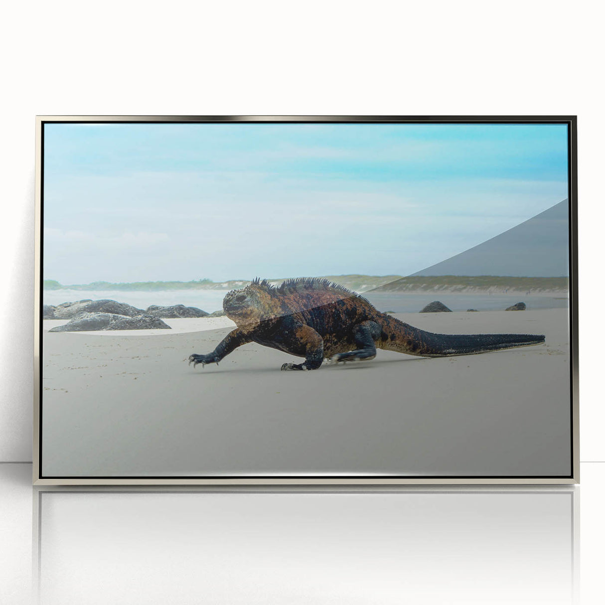 Mid-century modernist art of Galapagos scenery in silver framed acrylic, featuring cool blue and green tones.