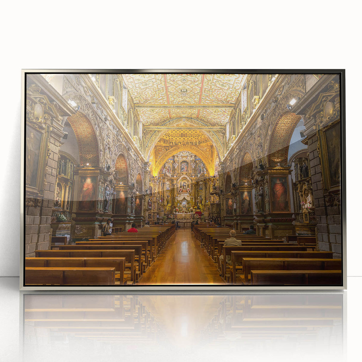 Mid-century modernist art depicting the Ecuadorian landscape in silver-framed acrylic, ideal for nursery wall art.
