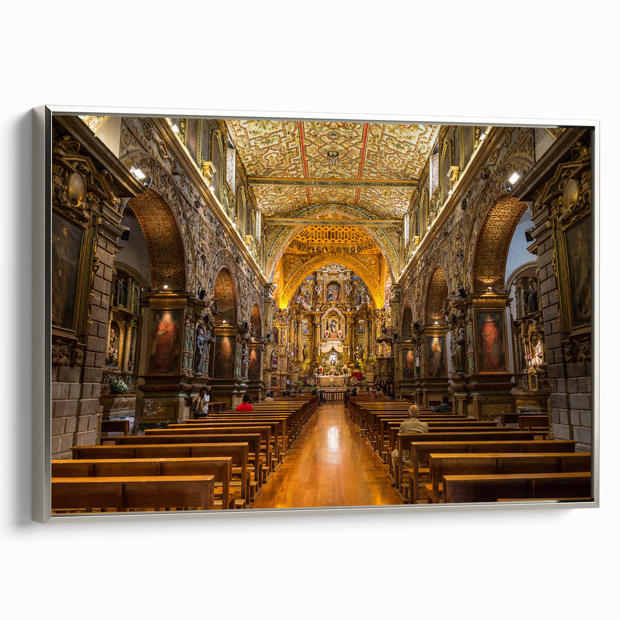 Landscape art painting of an Ecuadorian scene with colorful art on silver-framed canvas, ideal for living room decor.