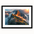 Colorful art print of Machu Picchu in vibrant green and blue hues on a large framed canvas, ideal for living room decor.