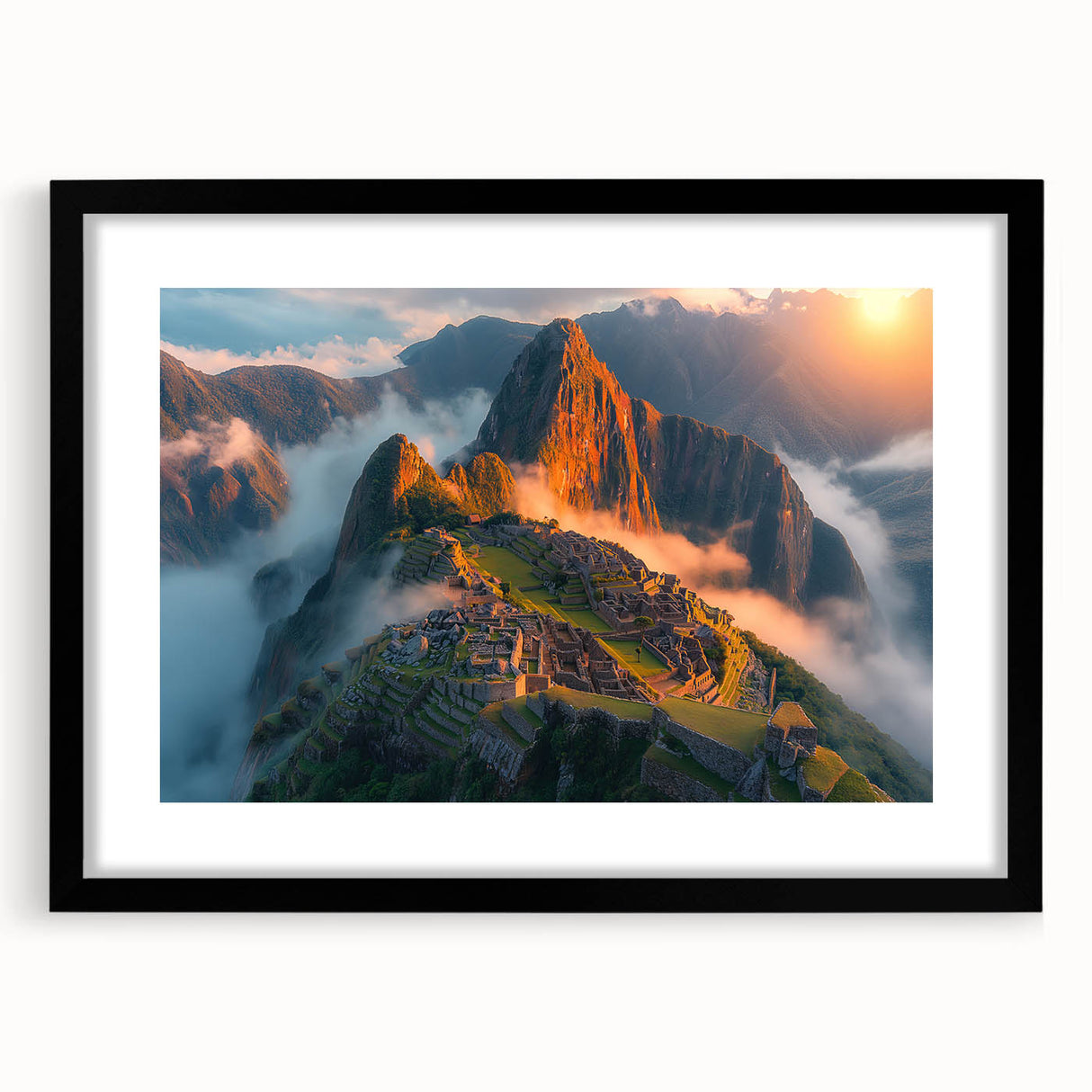 Colorful art print of Machu Picchu in vibrant green and blue hues on a large framed canvas, ideal for living room decor.