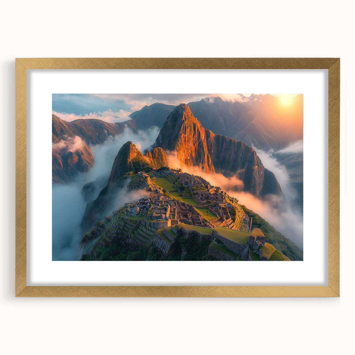 Extra large abstract print of Machu Picchu in muted earth tones, framed in gold, ideal for living room decor.