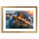 Extra large abstract print of Machu Picchu in muted earth tones, framed in gold, ideal for living room decor.