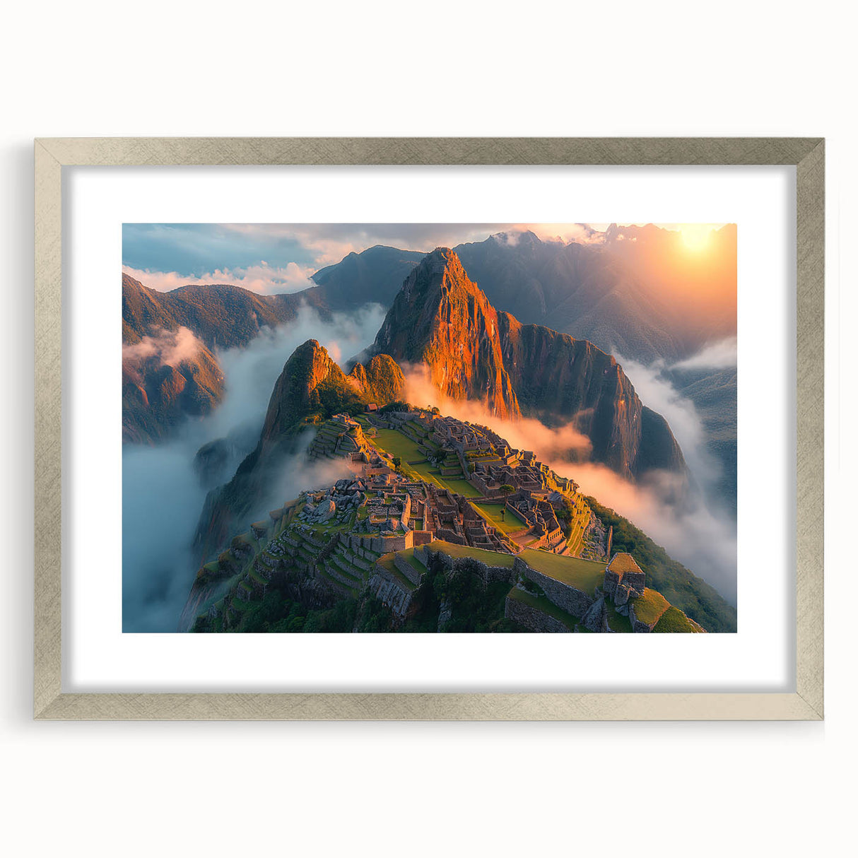 Textured art print of Machu Picchu with abstract design in muted earth tones, framed in silver, ideal for bedroom art.