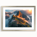 Textured art print of Machu Picchu with abstract design in muted earth tones, framed in silver, ideal for bedroom art.