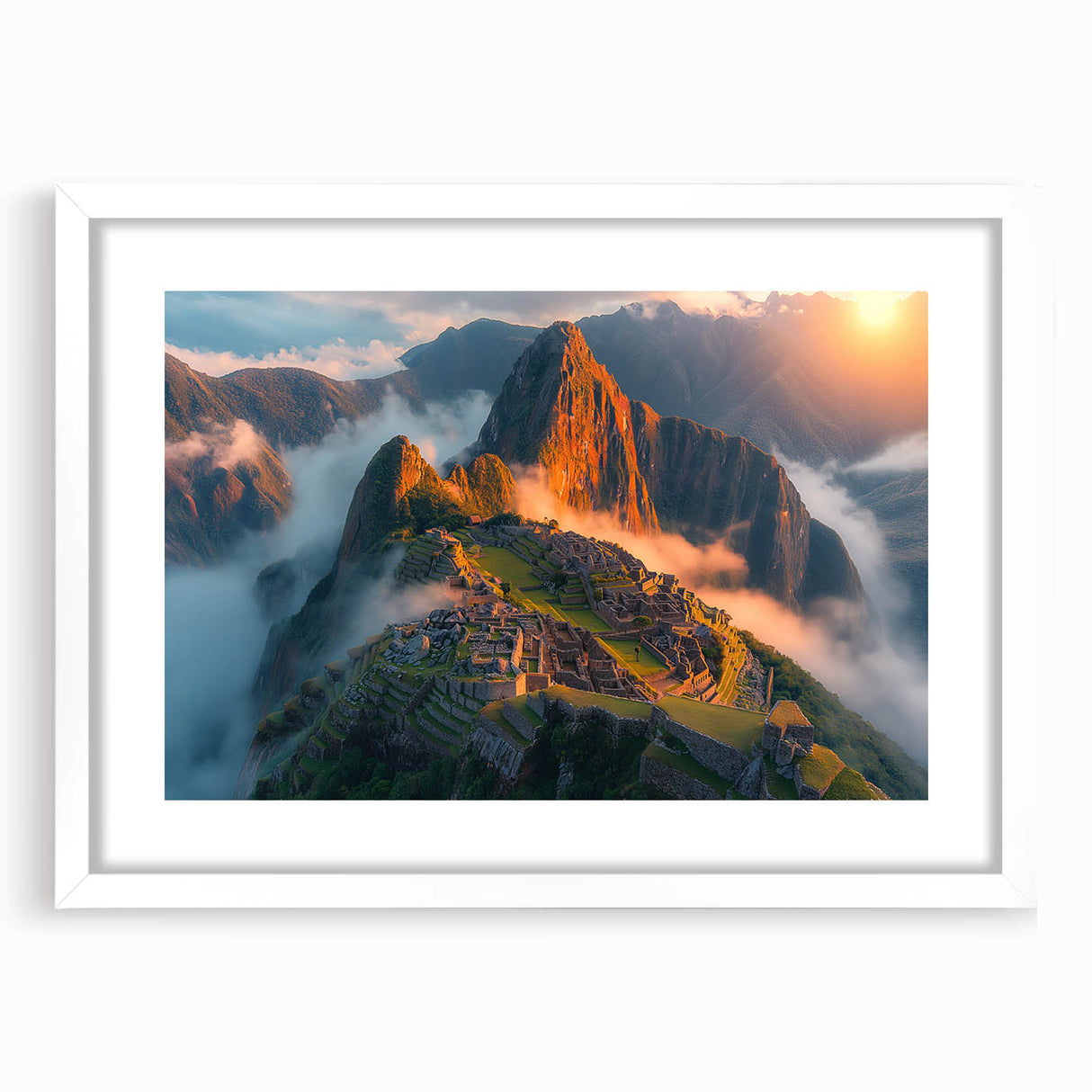 Abstract art print of Machu Picchu in muted earth tones on a white framed poster, suitable for bedroom or dining room decor.