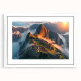 Abstract art print of Machu Picchu in muted earth tones on a white framed poster, suitable for bedroom or dining room decor.