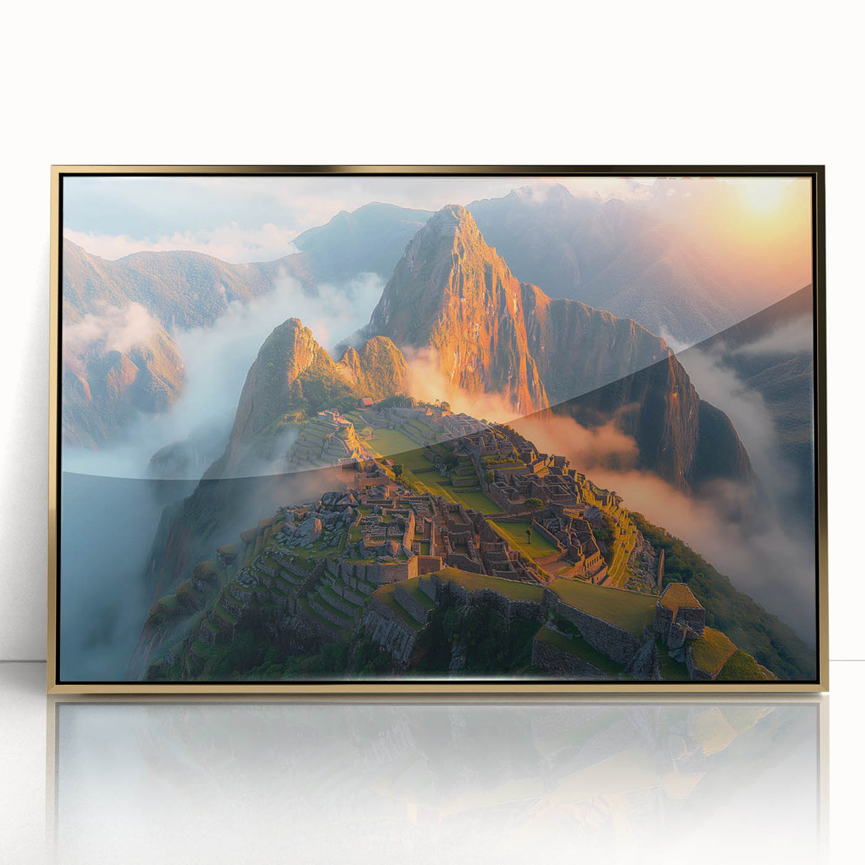 Framed acrylic print of Machu Picchu in muted earth tones, ideal for modern art wall decor.