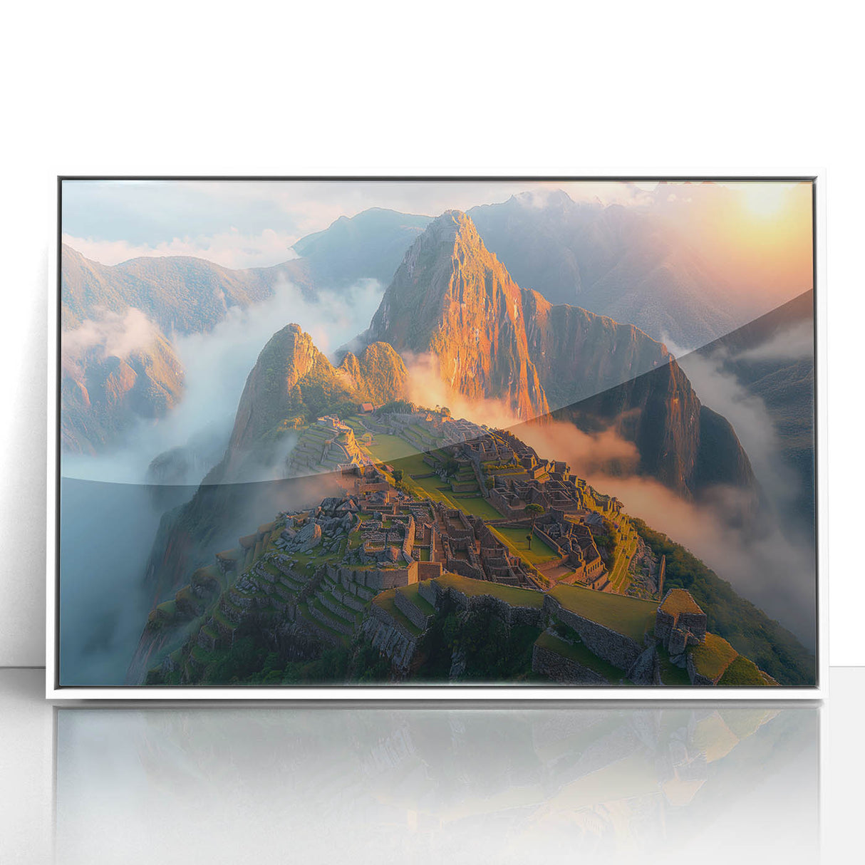 Acrylic print of Machu Picchu with soft earth tones, framed in white, suitable for modern art wall decor.