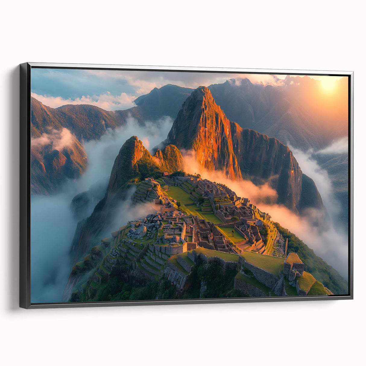 Framed canvas of black and white Machu Picchu landscape, ideal for bedroom wall art.