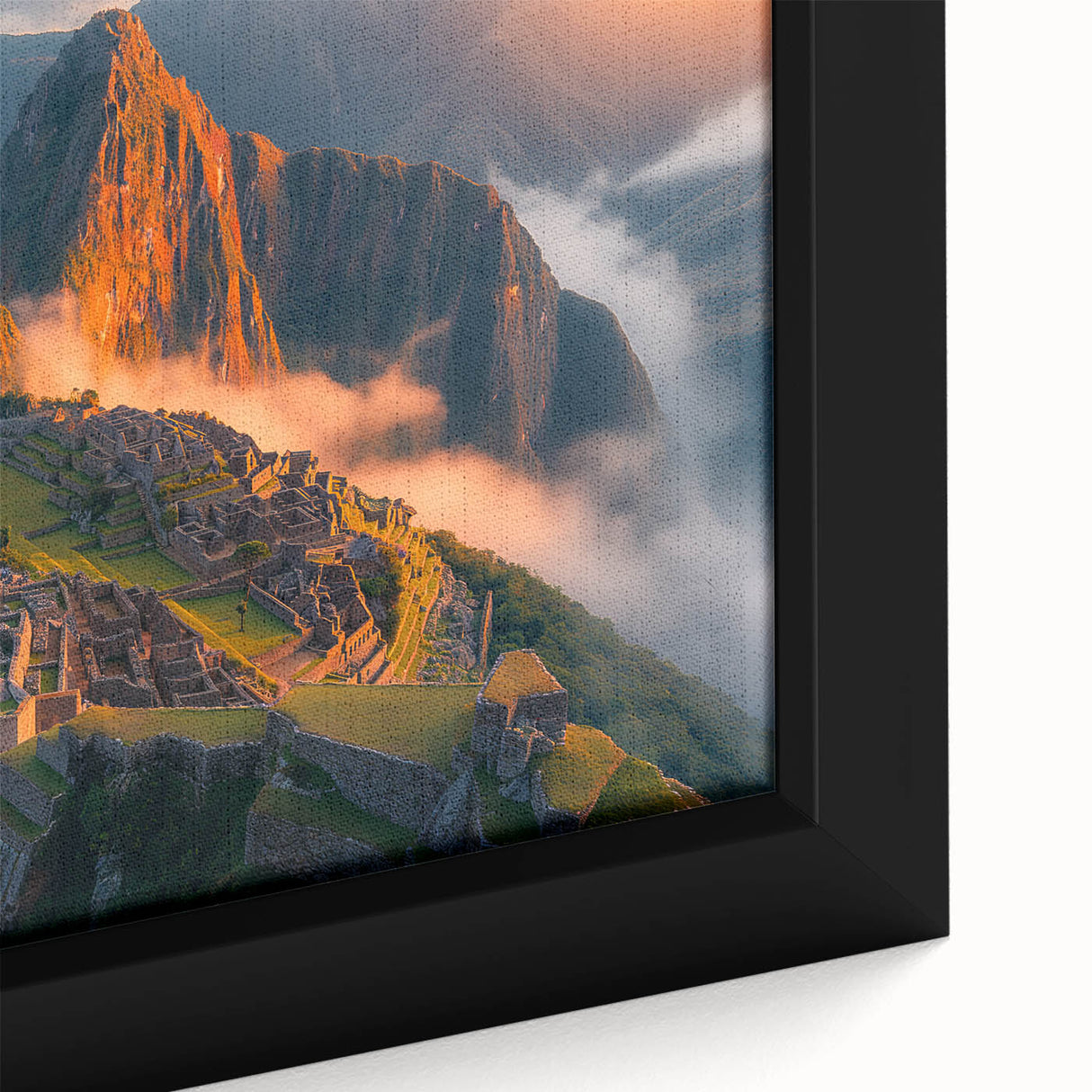 Extra large framed canvas of Machu Picchu in textured black with colorful accents, suitable for living room decor.