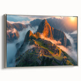 Framed canvas of Machu Picchu landscape art painting with vibrant greens and grays, ideal for office decor.