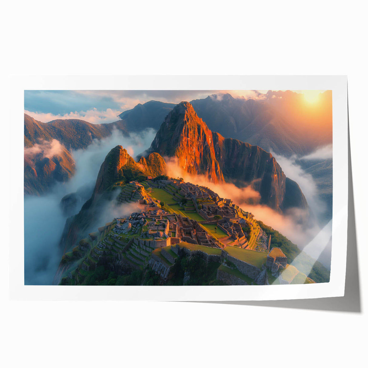 Extra large rolled print of Machu Picchu in muted earth tones, ideal for art wall dining room or bathroom decor.