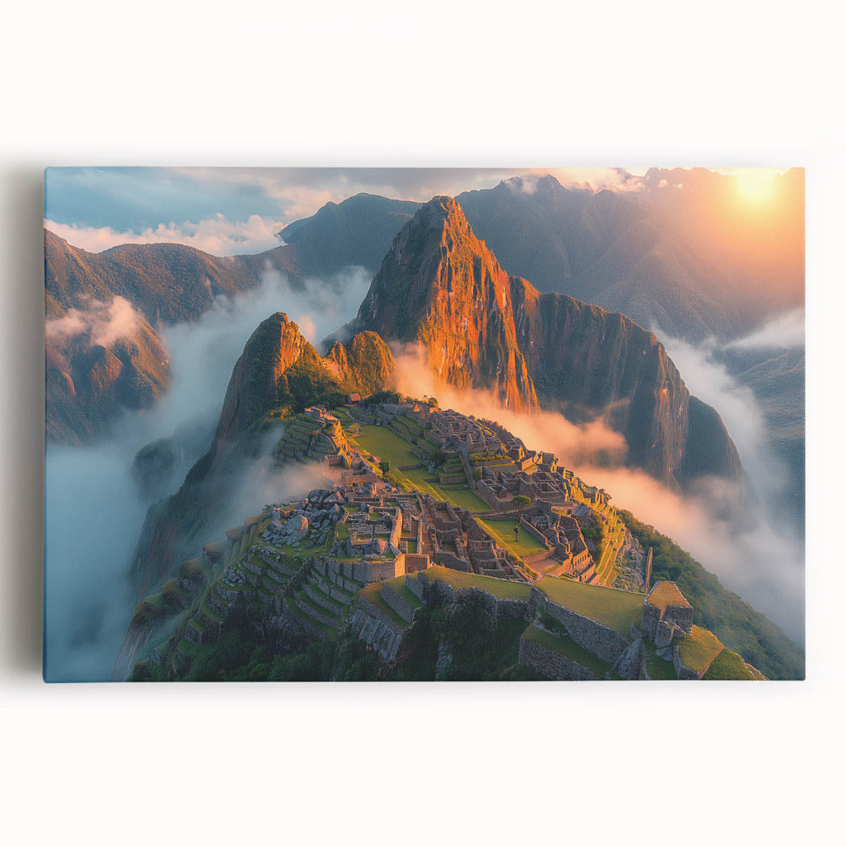 Black and white stretched canvas of Machu Picchu, ideal for kitchen wall art.