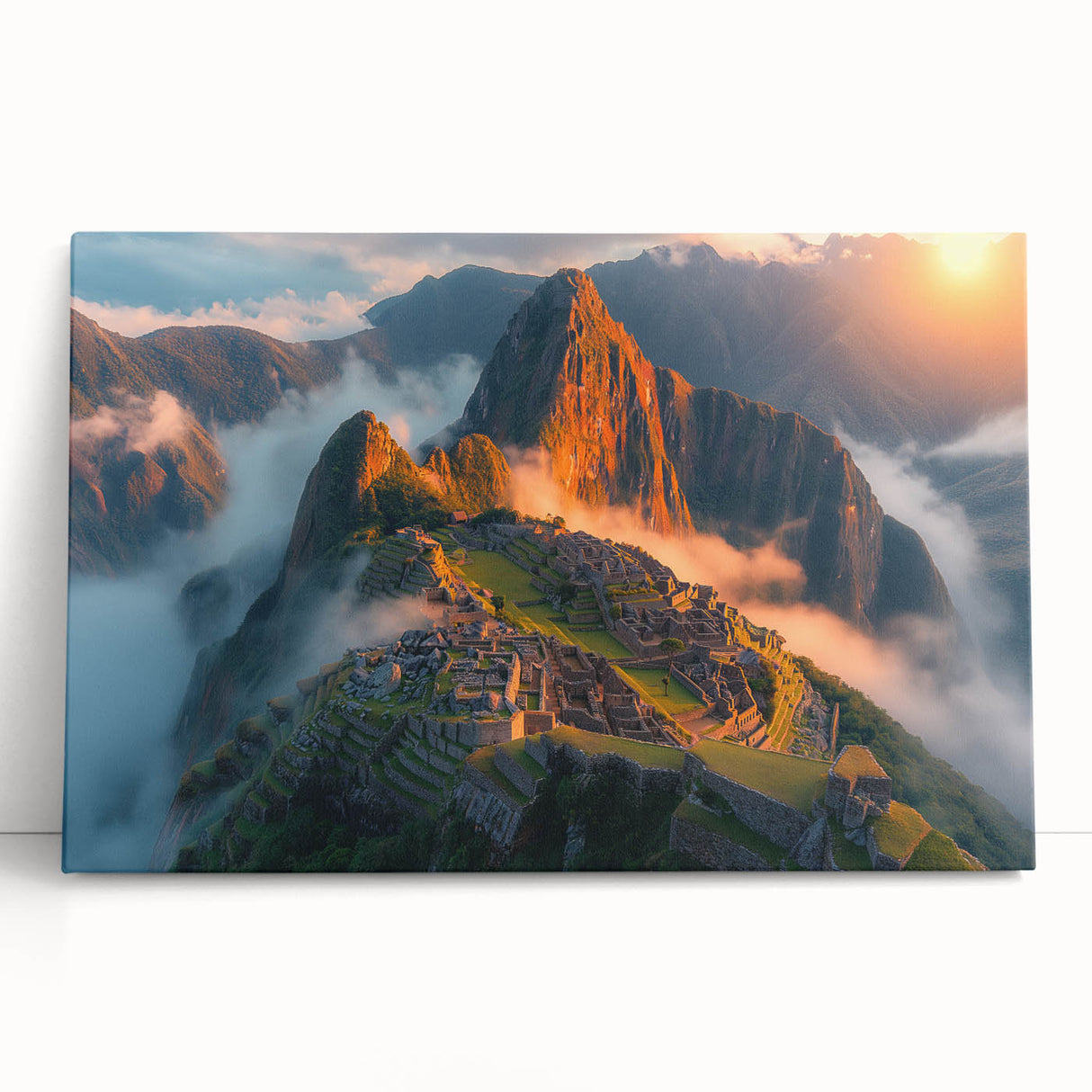Black and white photo of Machu Picchu on stretched canvas, ideal for kitchen wall art or bedroom decor.