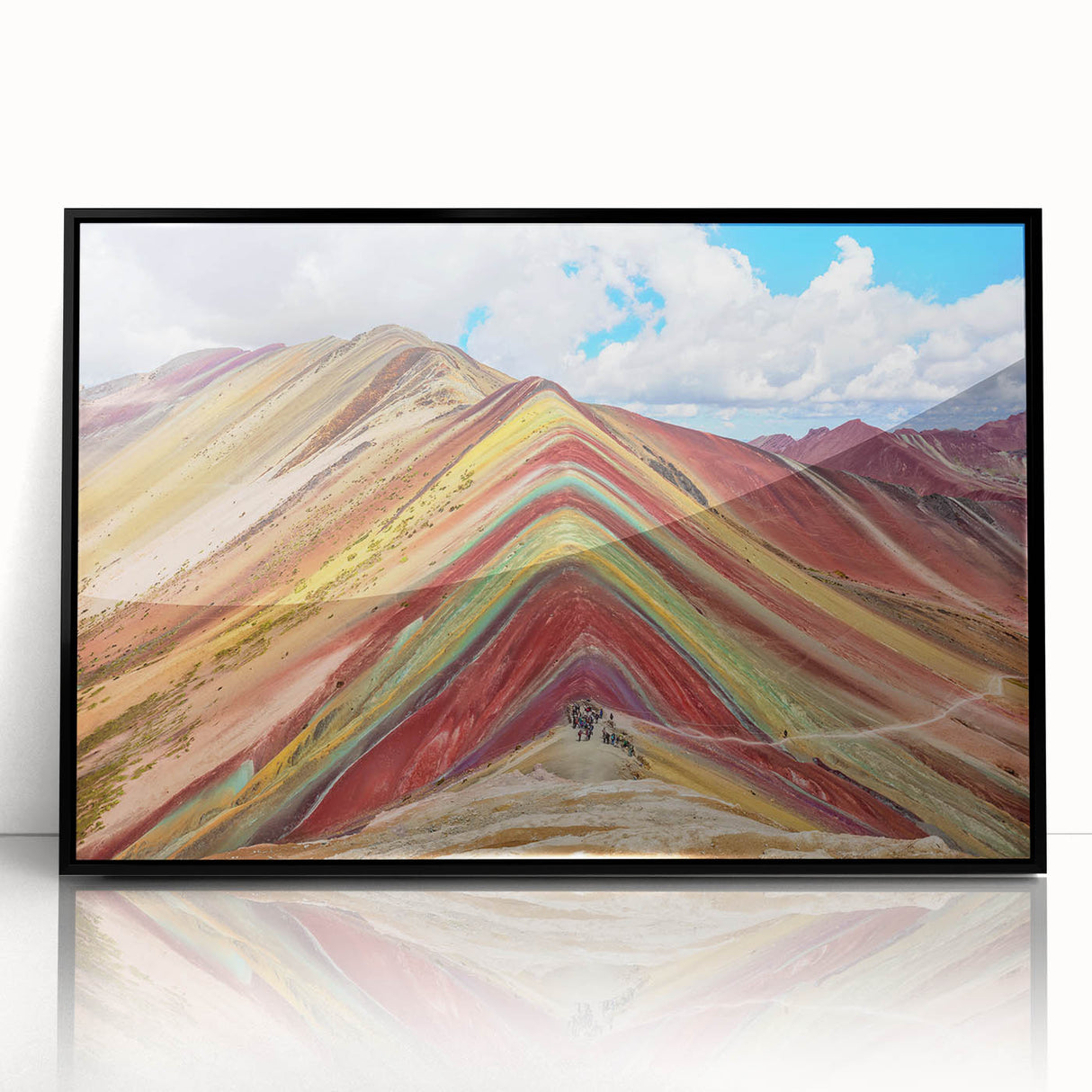 Large abstract wall art depicting a stylized South American landscape in muted earth tones, framed in black acrylic.