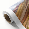 Art deco poster featuring a stylized South American landscape in soft pastel hues on rolled canvas.