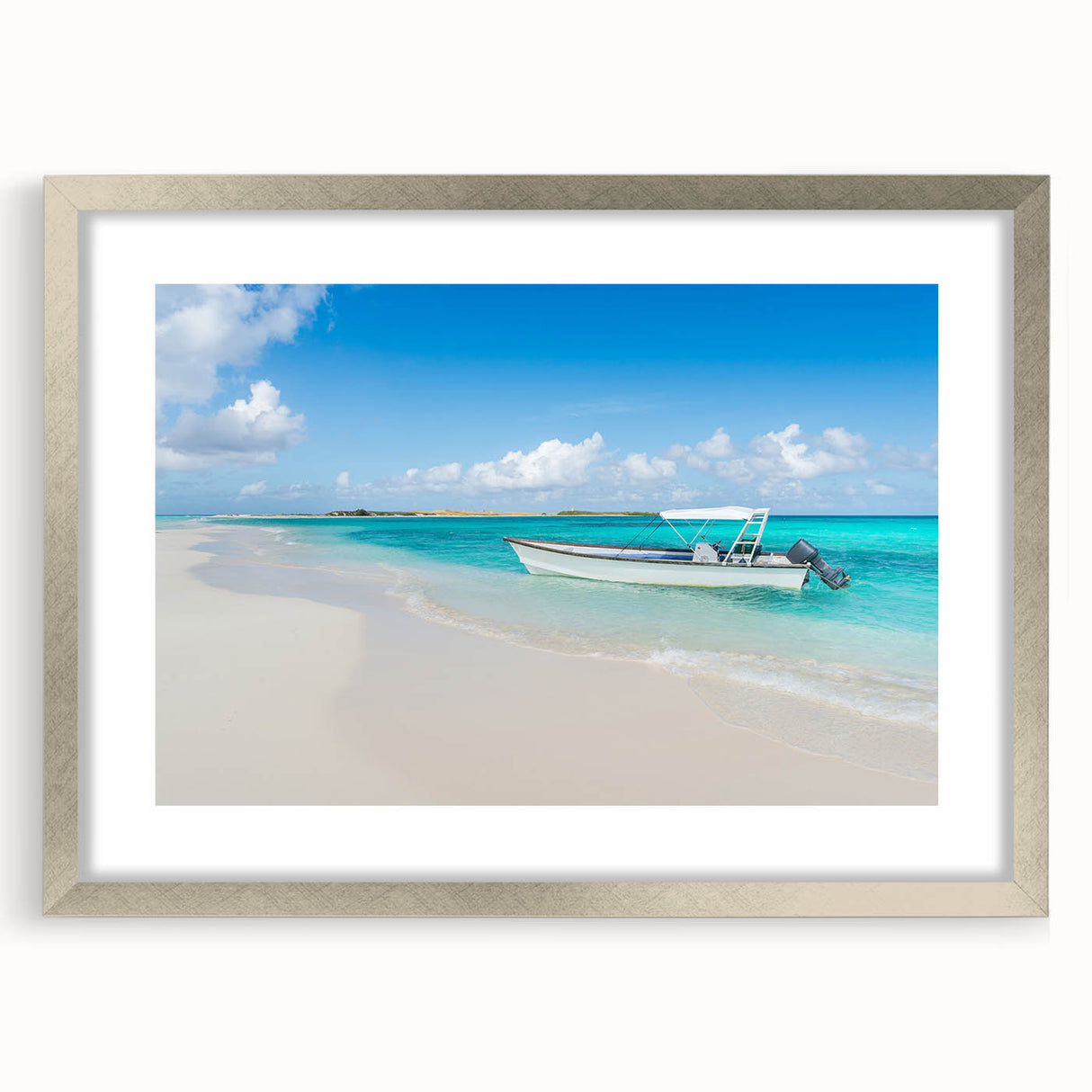 Textured abstract art print depicting a Venezuelan landscape, in muted earth tones, framed in silver, ideal for bedroom art.