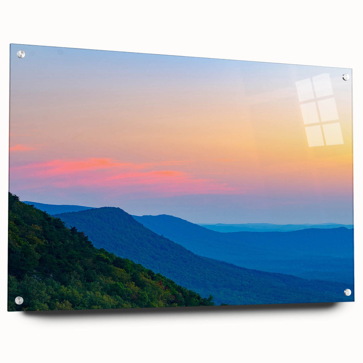 Large abstract wall art of Alabama scenery in muted greens and blues on acrylic glass.