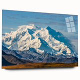 Large acrylic print of Denali, Alaska in muted earth tones, ideal for bedroom or dining room art.