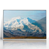 Modern art depiction of Denali, Alaska in muted gray and blue tones on a white framed acrylic.