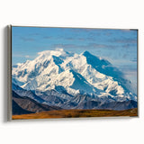 Framed canvas featuring a landscape art painting of Denali, Alaska in colorful hues.