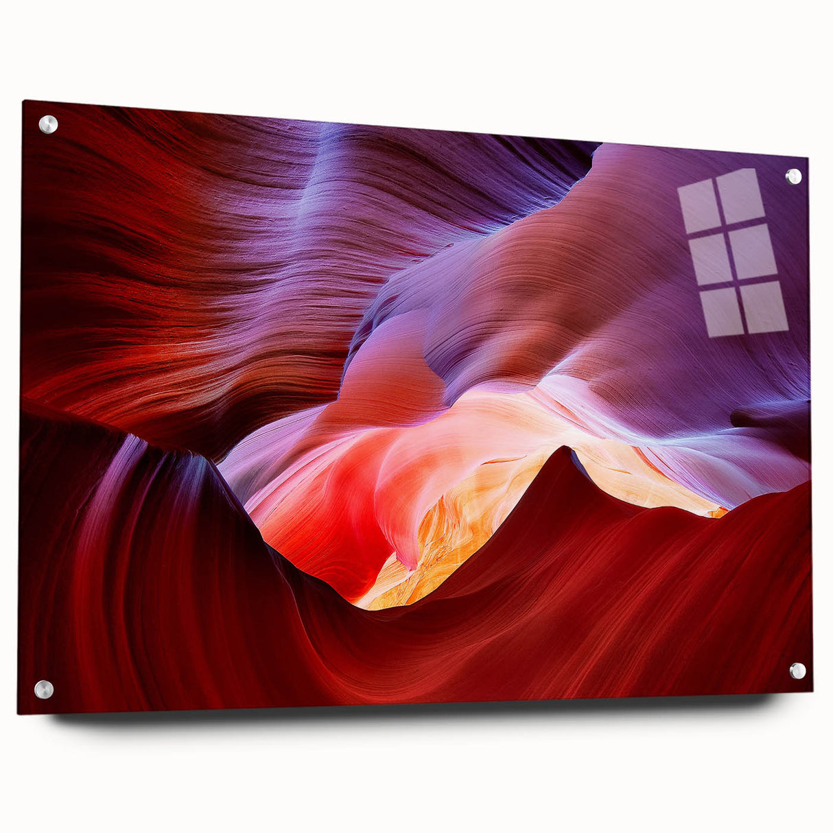 Acrylic print of Antelope Canyon in Arizona with vivid orange and red tones, suitable for bedroom or dining room decor.