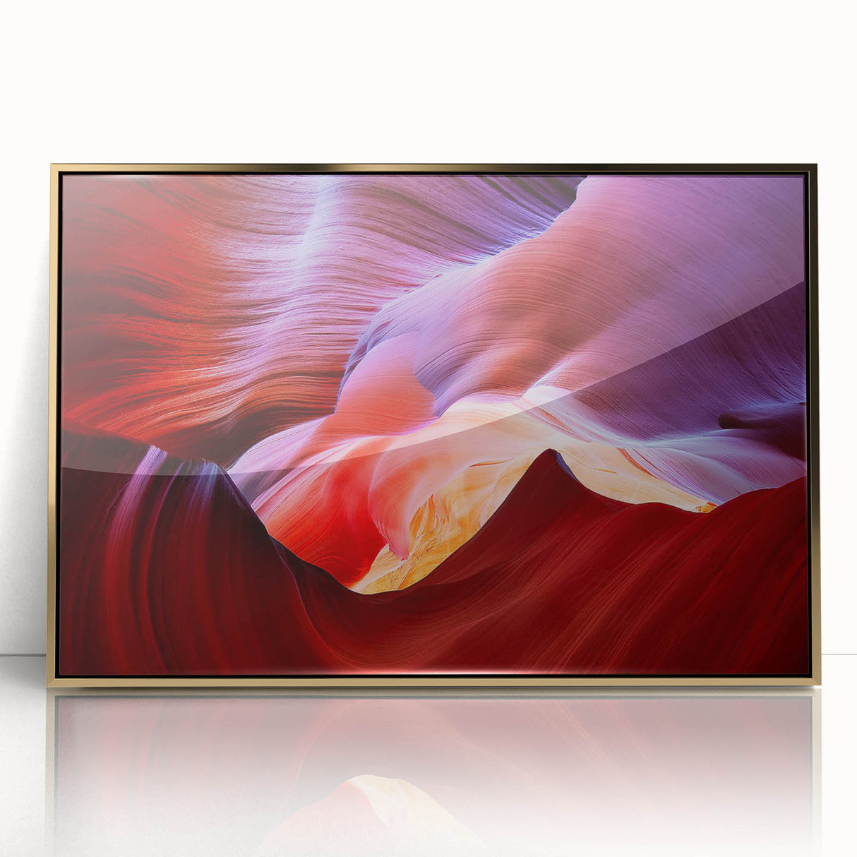 Framed acrylic print of Antelope Canyon in Arizona, featuring warm earth tones, ideal for modern art wall decor.