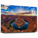 Acrylic print of Horseshoe Bend in Arizona, showing vivid sunset colors, ideal for dining room decor.