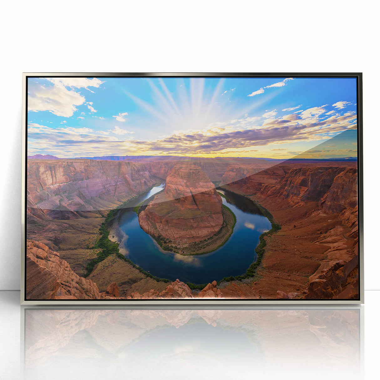 Mid-century modernist art of Horseshoe Bend in Arizona, featuring earthy tones on a framed acrylic print.
