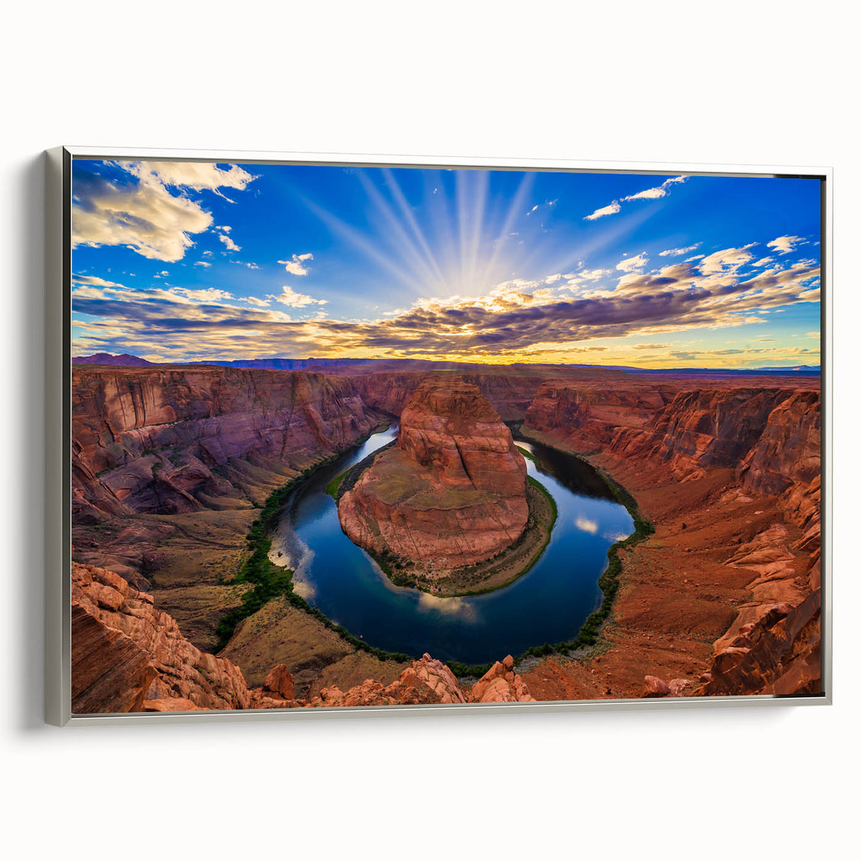 Landscape art painting of Horseshoe Bend, Arizona, on a framed canvas with silver accents, featuring earthy and blue tones.