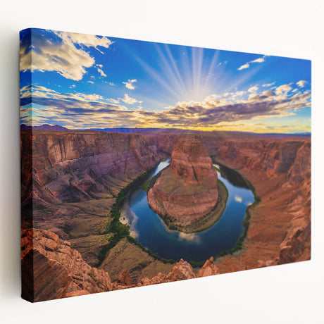 Panoramic view of Horseshoe Bend in Arizona on a large stretched canvas, featuring earthy tones, ideal for kitchen wall art.