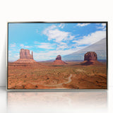 Mid-century modernist art depicting Monument Valley in muted earth tones on a framed acrylic.