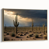 Framed canvas depicting a vintage-style Sonoran Desert landscape in muted earth tones, ideal for bedroom wall art.