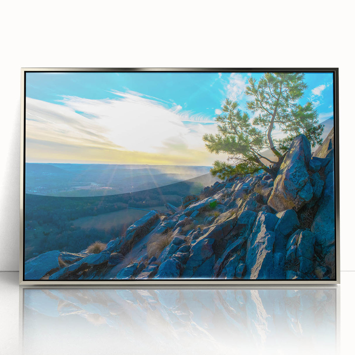 Mid-century modernist art depicting an Arkansas landscape in muted earth tones on a framed acrylic panel.