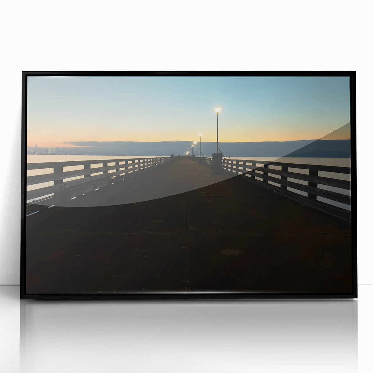 Large abstract wall art depicting a stylized Berkeley landscape in muted earth tones on a black framed acrylic.