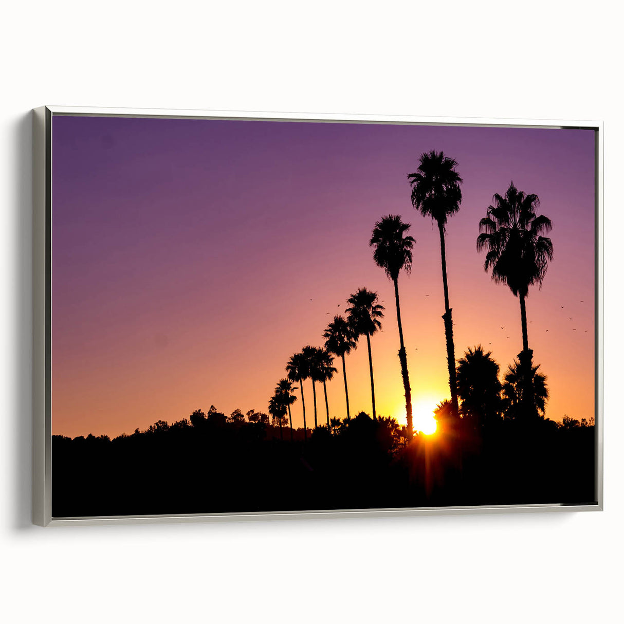 Framed canvas of a vintage-style Beverly Hills landscape in muted black with colorful accents, ideal for living room decor.