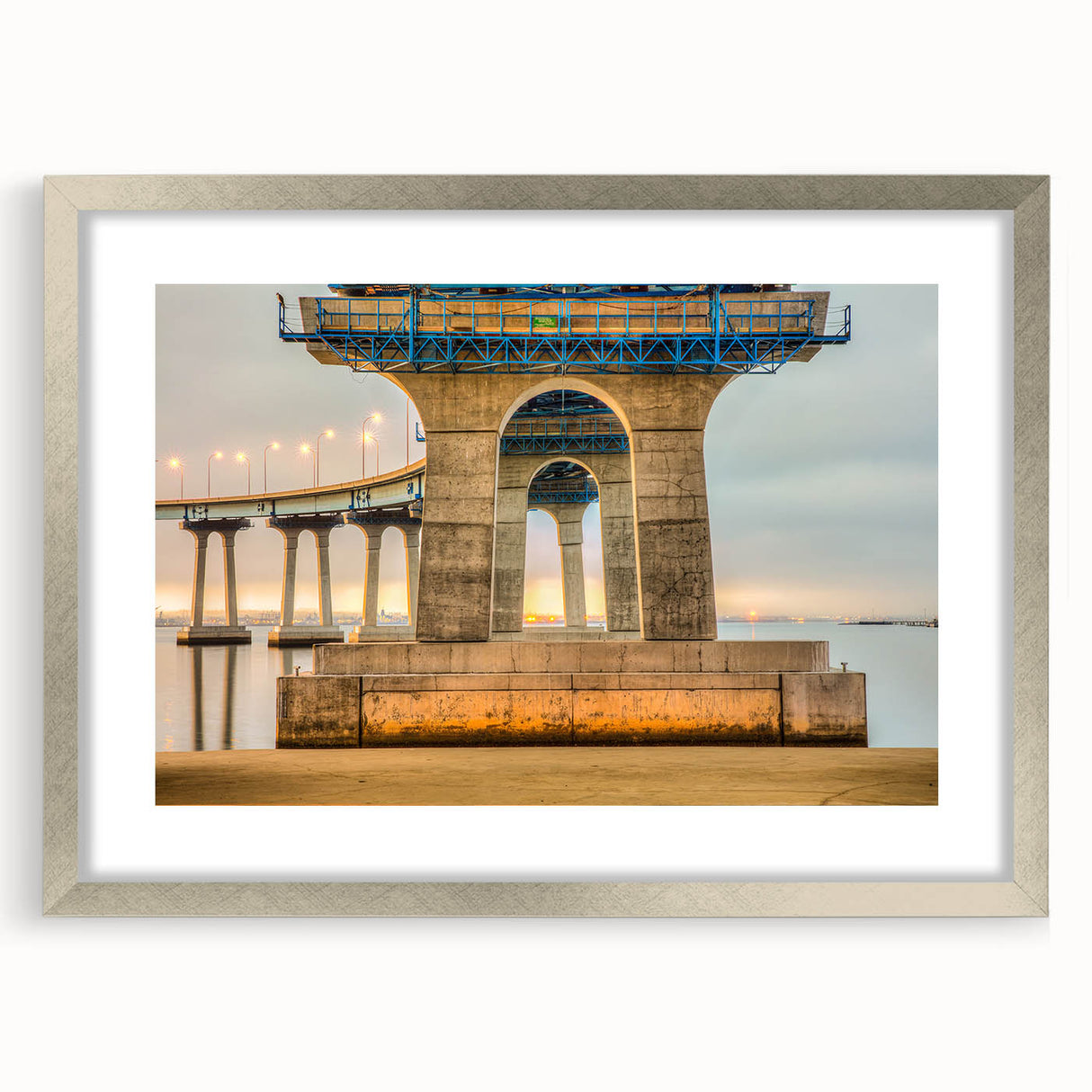 Textured abstract art print of a Californian scenery in muted earth tones, framed in silver, ideal for bedroom art.