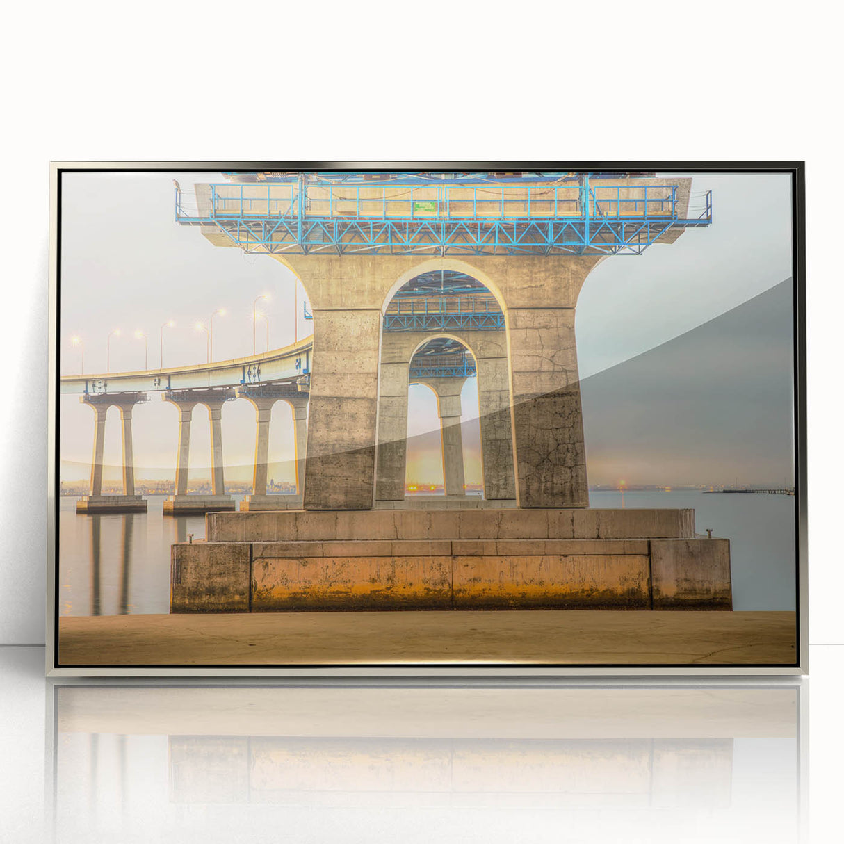 Mid-century modernist art depicting the Coronado, California scenery in muted earth tones on a framed acrylic print.